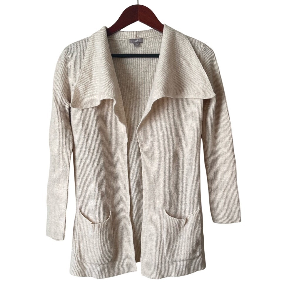 J Jill Wool Cashmere Blend Cream Open Cardigan Drape Collar‎ Coastal Grandma